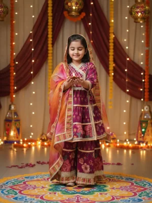 Girls Deep Wine-Maroon Floral Sharara Suit Set with Multicolor Dupatta – Festive Kids Ethnic Wear