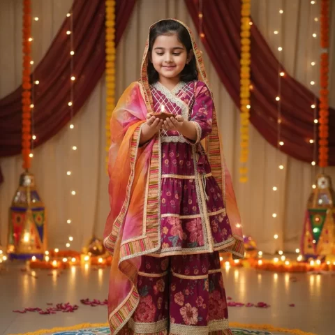 Girls Deep Wine-Maroon Floral Sharara Suit Set with Multicolor Dupatta – Festive Kids Ethnic Wear