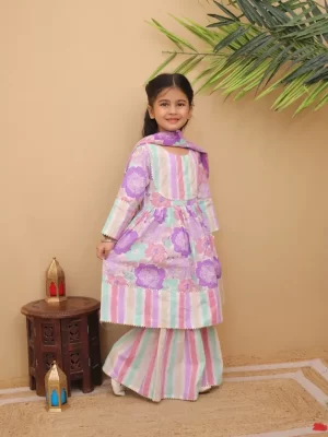 Kid Girls 3-Piece Cotton Printed Flared Kurti and Palazzo Suit | Pastel Floral Peplum Kurta Set with Dupatta | Ethnic Party Wear
