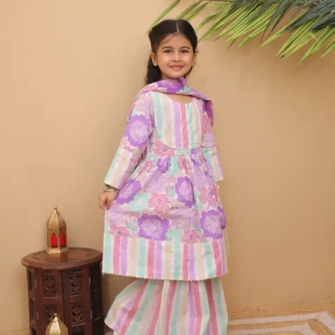 Kid Girls 3-Piece Cotton Printed Flared Kurti and Palazzo Suit | Pastel Floral Peplum Kurta Set with Dupatta | Ethnic Party Wear