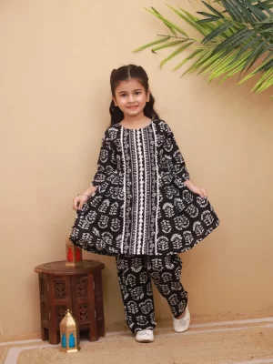 Traditional Black & White Printed Cotton A-Line Kurti and Pant Set for Kids Girls | Fusion Wear