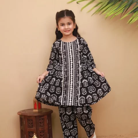 Traditional Black & White Printed Cotton A-Line Kurti and Pant Set for Kids Girls | Fusion Wear