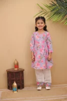Girls Pastel Purple Floral Peplum Kurta & White Pant Set | Blossom Printed Frock Kurti and Trouser Set for Kids