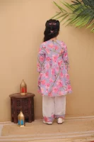 Girls Pastel Purple Floral Peplum Kurta & White Pant Set | Blossom Printed Frock Kurti and Trouser Set for Kids