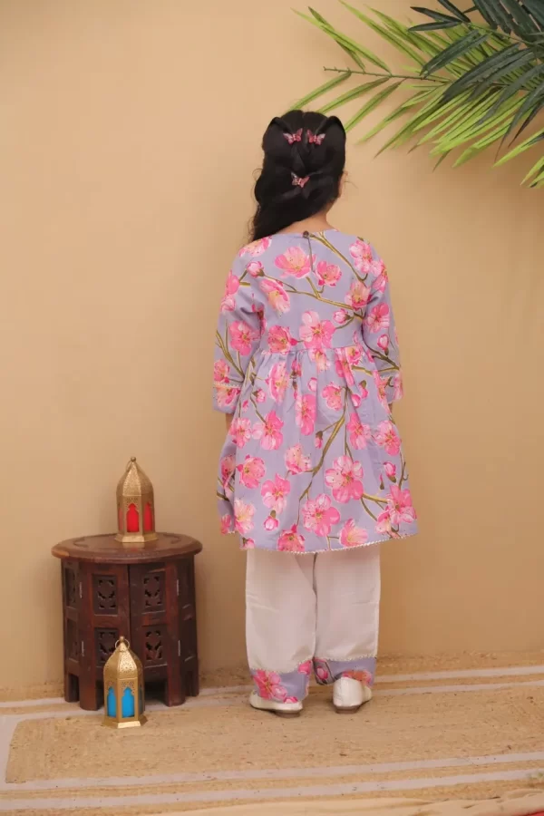 Girls Pastel Purple Floral Peplum Kurta & White Pant Set | Blossom Printed Frock Kurti and Trouser Set for Kids