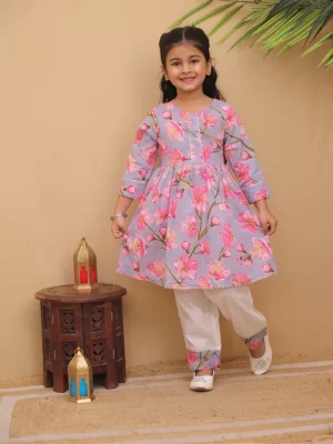 Girls Pastel Purple Floral Peplum Kurta & White Pant Set | Blossom Printed Frock Kurti and Trouser Set for Kids