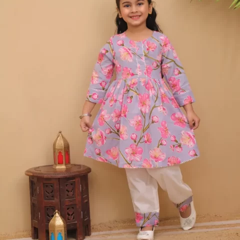Girls Pastel Purple Floral Peplum Kurta & White Pant Set | Blossom Printed Frock Kurti and Trouser Set for Kids