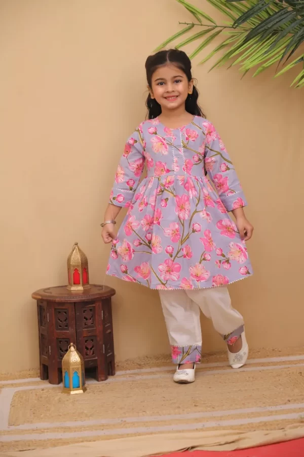 Girls Pastel Purple Floral Peplum Kurta & White Pant Set | Blossom Printed Frock Kurti and Trouser Set for Kids