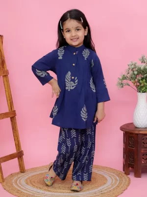 Girls Indigo Blue Traditional Suit | Printed Flared Tunic Top & Printed Pants | Casual Party Wear for Kids