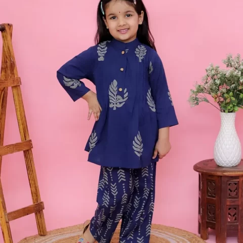 Girls Indigo Blue Traditional Suit | Printed Flared Tunic Top & Printed Pants | Casual Party Wear for Kids