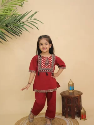 Girls Deep Maroon Cotton Kurta Pant Set with Printed Ajrakh Yoke – Kids Festive Ethnic Wear