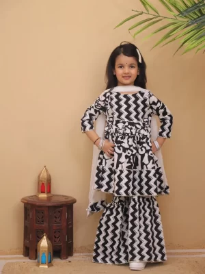 Girls Black and White Chevron Printed Sharara Suit Set with Dupatta – Kids Contemporary Festive Wear