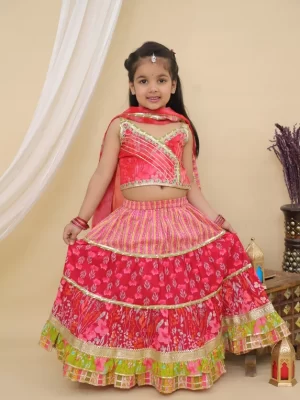 Girls Pink and Lime Green Floral Lehenga Choli Set with Dupatta – Kids Festive Ethnic Wear