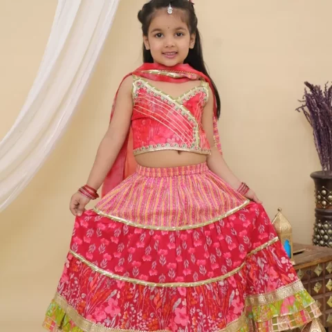 Girls Pink and Lime Green Floral Lehenga Choli Set with Dupatta – Kids Festive Ethnic Wear