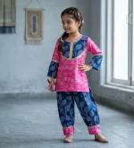 Kid Girls Fuchsia Pink and Indigo Blue Traditional Jaipuri Floral Print Afgani Salwar & Kurta Set | Girls Salwar Suit