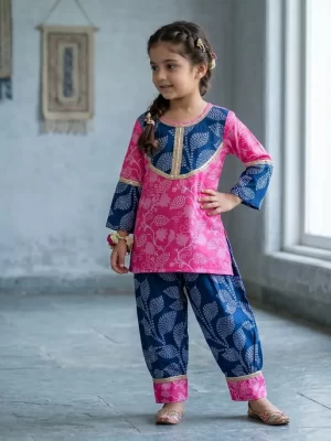 Kid Girls Fuchsia Pink and Indigo Blue Traditional Jaipuri Floral Print Afgani Salwar & Kurta Set | Girls Salwar Suit