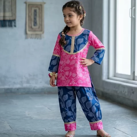 Kid Girls Fuchsia Pink and Indigo Blue Traditional Jaipuri Floral Print Afgani Salwar & Kurta Set | Girls Salwar Suit