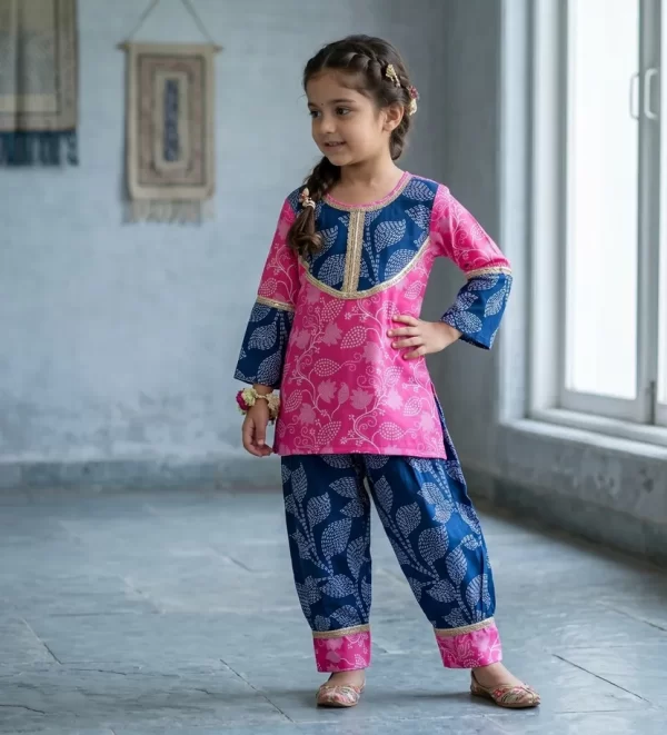 Kid Girls Fuchsia Pink and Indigo Blue Traditional Jaipuri Floral Print Afgani Salwar & Kurta Set | Girls Salwar Suit