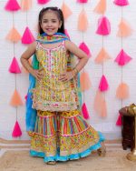 Girls Yellow Printed Sharara Suit Set with Multi-Color Stripes and Blue Shaded Dupatta – Festive Kids Ethnic Wear