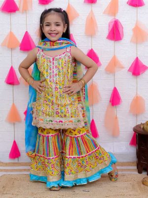 Girls Yellow Printed Sharara Suit Set with Multi-Color Stripes and Blue Shaded Dupatta – Festive Kids Ethnic Wear