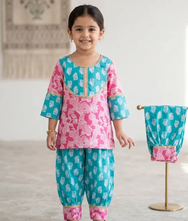 Kid Girls Pink and Turquoise Blue Traditional Jaipuri Floral Block Print Afgani Salwar & Kurta Set | Girls Salwar Suit