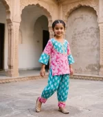 Kid Girls Pink and Turquoise Blue Traditional Jaipuri Floral Block Print Afgani Salwar & Kurta Set | Girls Salwar Suit
