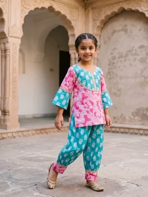 Kid Girls Pink and Turquoise Blue Traditional Jaipuri Floral Block Print Afgani Salwar & Kurta Set | Girls Salwar Suit