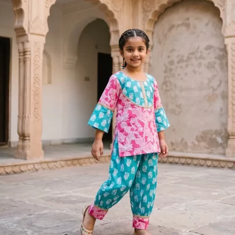 Kid Girls Pink and Turquoise Blue Traditional Jaipuri Floral Block Print Afgani Salwar & Kurta Set | Girls Salwar Suit