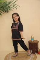 Girls Black Traditional Printed Peplum Kurta and Pant | Designer Ethnic Suit | Puff Sleeve Kurti & Pants | Kids Party Wear