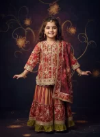 Girls' Maroon Floral Print Kurta Sharara Set with Net Dupatta - Ethnic Festive Wear
