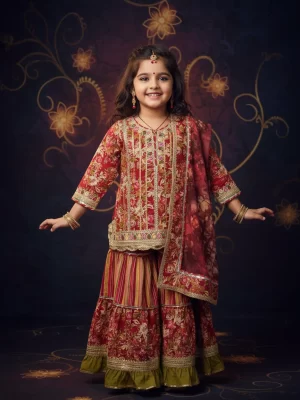 Girls' Maroon Floral Print Kurta Sharara Set with Net Dupatta - Ethnic Festive Wear