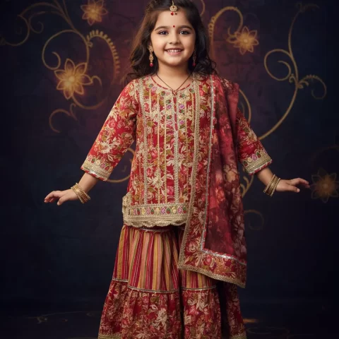 Girls' Maroon Floral Print Kurta Sharara Set with Net Dupatta - Ethnic Festive Wear