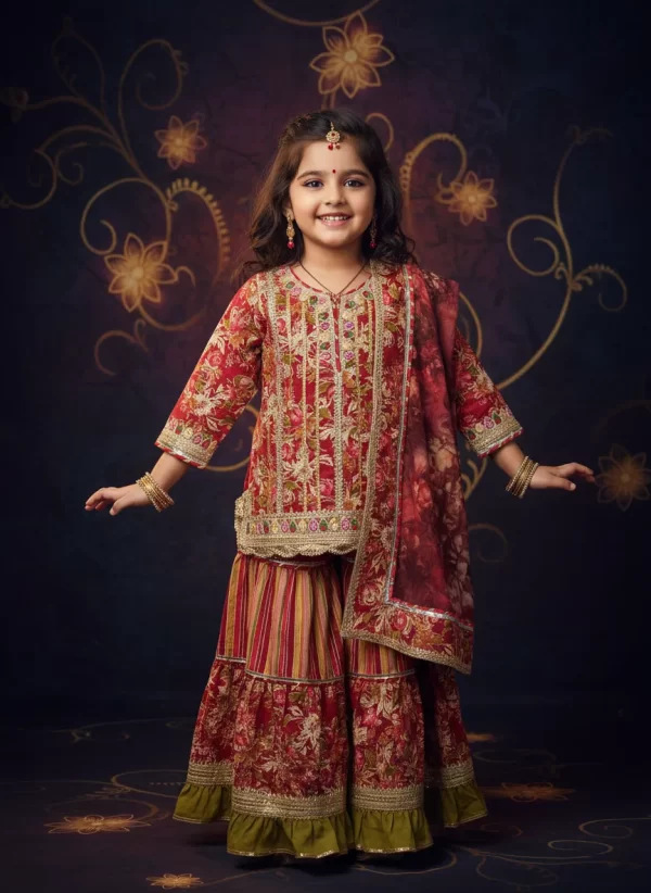Girls' Maroon Floral Print Kurta Sharara Set with Net Dupatta - Ethnic Festive Wear