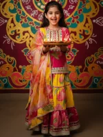 Vibrant Handcrafted Kids' Ethnic Wear: Yellow and Pink Floral Skirt Set with Gota Patti
