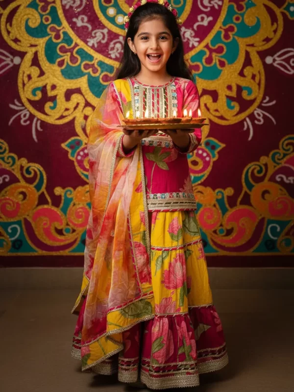 Vibrant Handcrafted Kids' Ethnic Wear: Yellow and Pink Floral Skirt Set with Gota Patti
