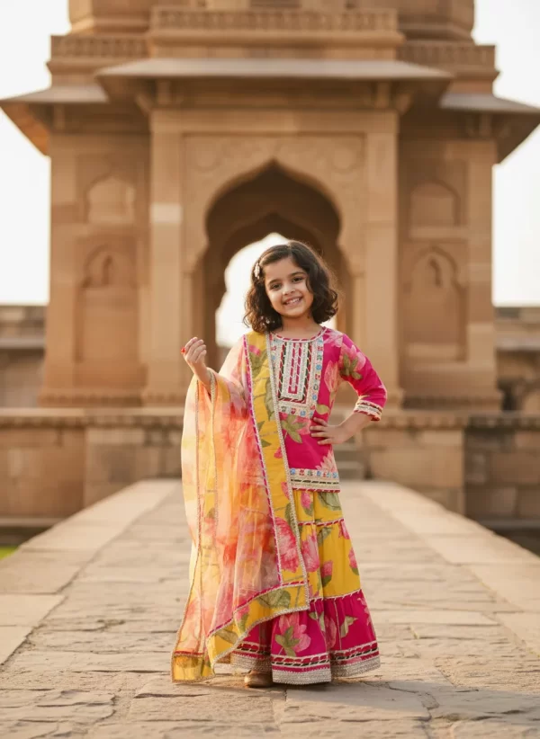 Vibrant Handcrafted Kids' Ethnic Wear: Yellow and Pink Floral Skirt Set with Gota Patti