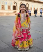 Kid Girls Yellow and Pink Floral Stylish Kurta With Skirt & Dupatta Set | Kids' Ethnic Wear