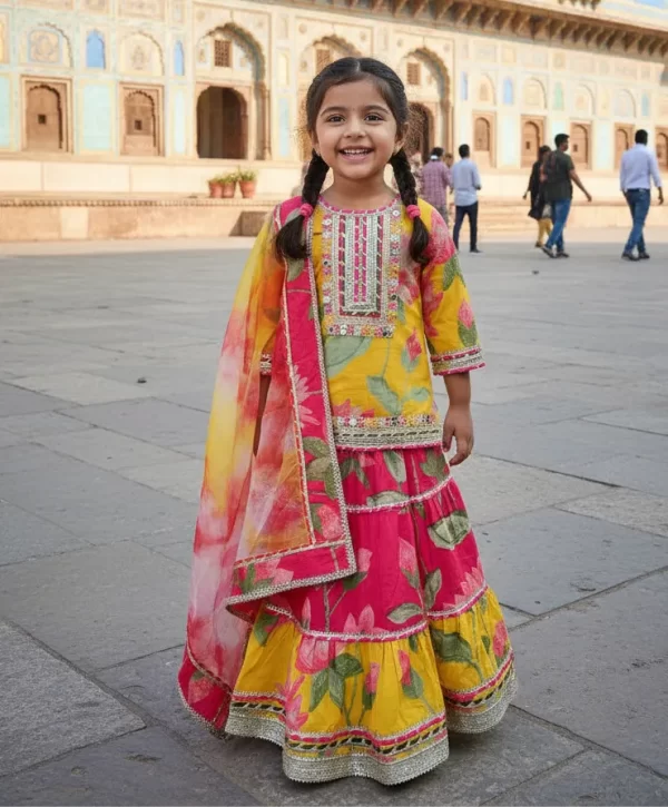 Kid Girls Yellow and Pink Floral Stylish Kurta With Skirt & Dupatta Set | Kids' Ethnic Wear