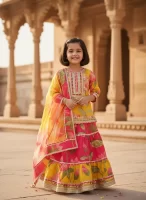 Kid Girls Yellow and Pink Floral Stylish Kurta With Skirt & Dupatta Set | Kids' Ethnic Wear