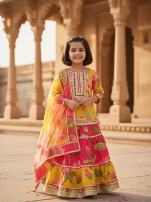 Kid Girls Yellow and Pink Floral Stylish Kurta With Skirt & Dupatta Set | Kids' Ethnic Wear