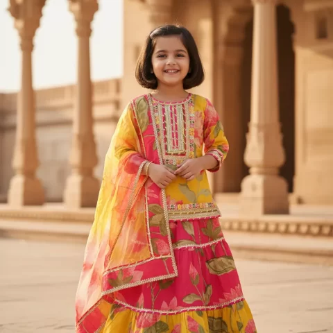 Kid Girls Yellow and Pink Floral Stylish Kurta With Skirt & Dupatta Set | Kids' Ethnic Wear
