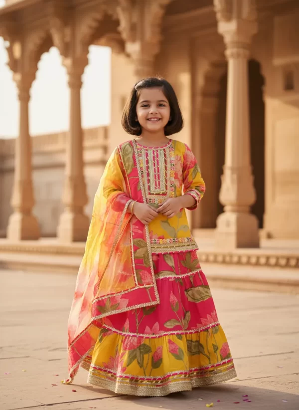 Kid Girls Yellow and Pink Floral Stylish Kurta With Skirt & Dupatta Set | Kids' Ethnic Wear
