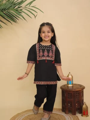 Girls Black Traditional Printed Peplum Kurta and Pant | Designer Ethnic Suit | Puff Sleeve Kurti & Pants | Kids Party Wear