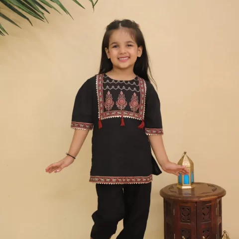 Girls Black Traditional Printed Peplum Kurta and Pant | Designer Ethnic Suit | Puff Sleeve Kurti & Pants | Kids Party Wear