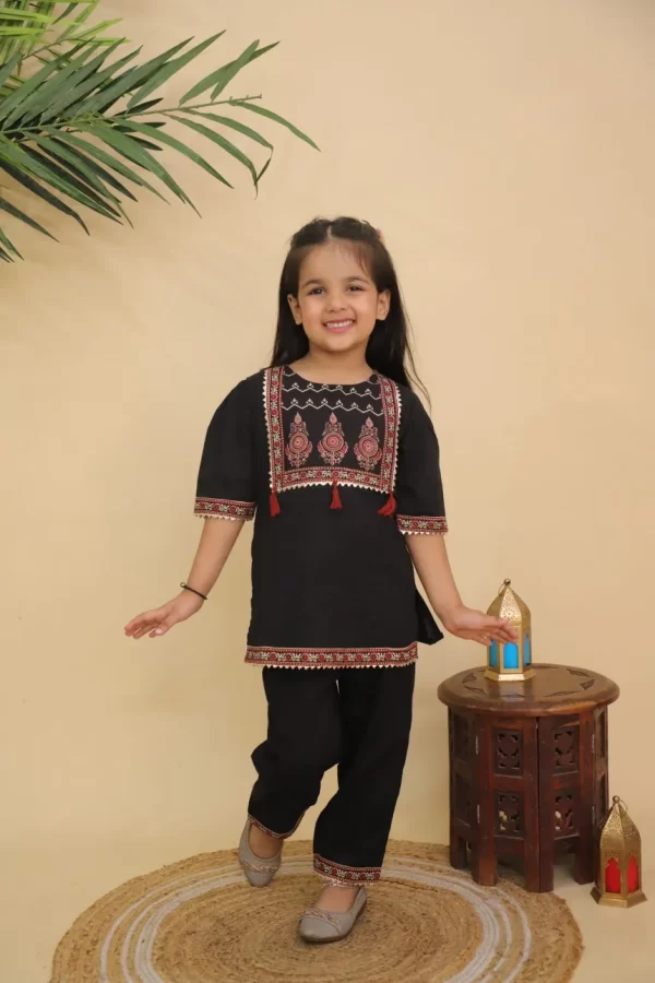 Girls Black Traditional Printed Peplum Kurta and Pant | Designer Ethnic Suit | Puff Sleeve Kurti & Pants | Kids Party Wear