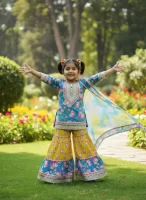 Kid Girls Lotus Print Sharara Suit with Dupatta | Gota Patti Embroidered Kurta and Tiered Sharara Set | 3-Piece Traditional Ethnic Suit