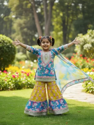 Kid Girls Lotus Print Sharara Suit with Dupatta | Gota Patti Embroidered Kurta and Tiered Sharara Set | 3-Piece Traditional Ethnic Suit