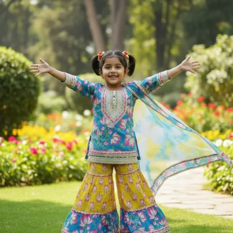Kid Girls Lotus Print Sharara Suit with Dupatta | Gota Patti Embroidered Kurta and Tiered Sharara Set | 3-Piece Traditional Ethnic Suit