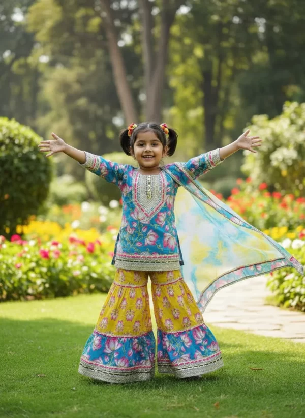 Kid Girls Lotus Print Sharara Suit with Dupatta | Gota Patti Embroidered Kurta and Tiered Sharara Set | 3-Piece Traditional Ethnic Suit