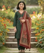 Girls Pure Cotton Kurta Pant Set with Kalamkari Dupatta – Traditional Kids Ethnic Wear